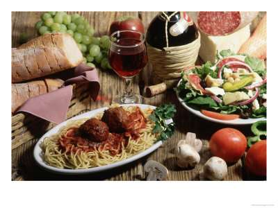 Spaghetti and Meatballs with Side Dishes and Wine